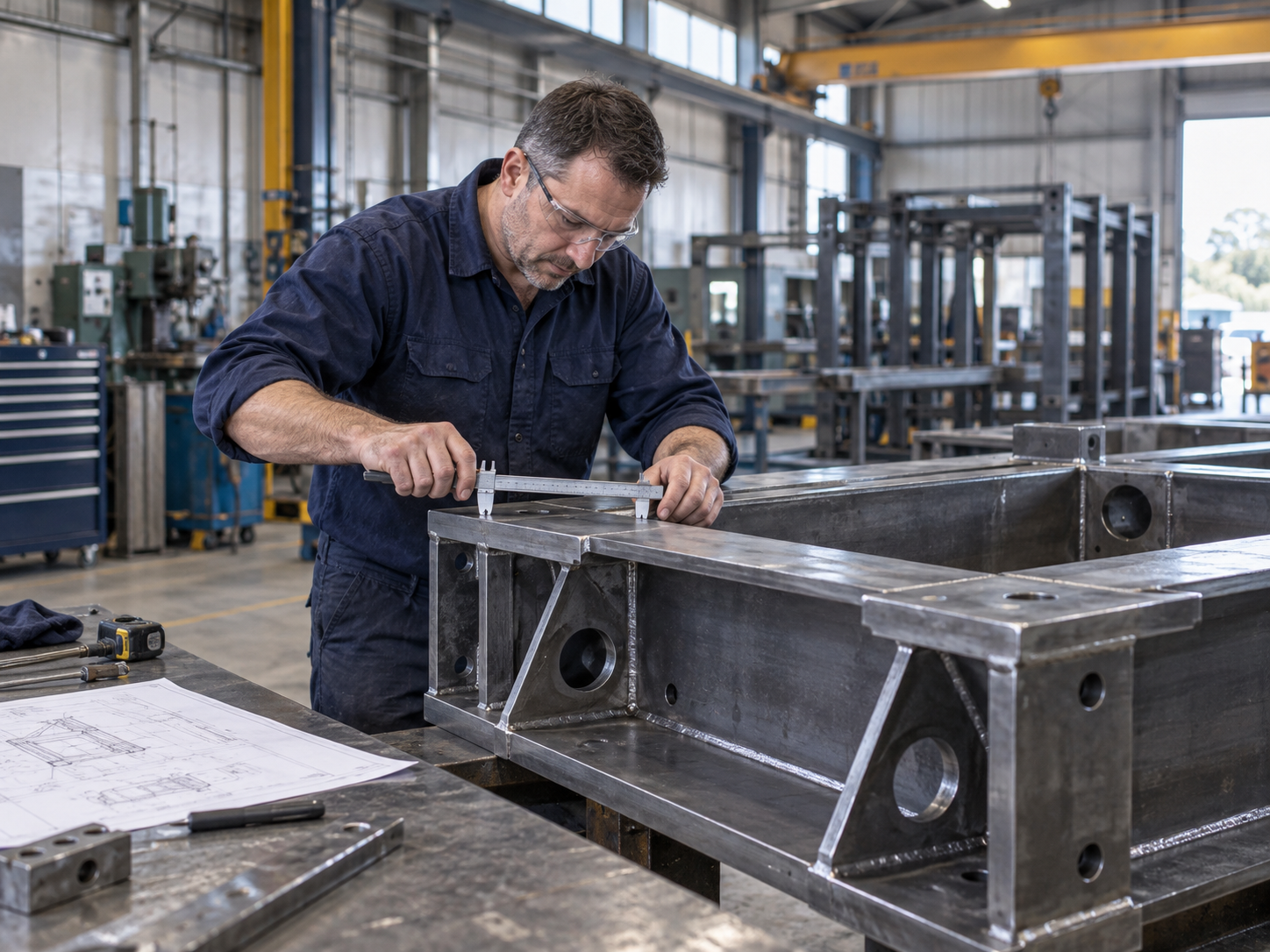 AI-generated illustration of a tradesperson checking a fabricated steel equipment base