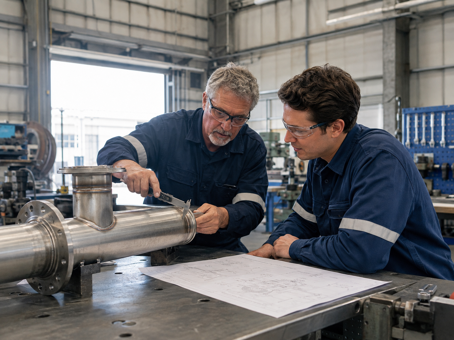 Representative AI-generated image of an experienced tradesperson mentoring a younger colleague during pipework inspection