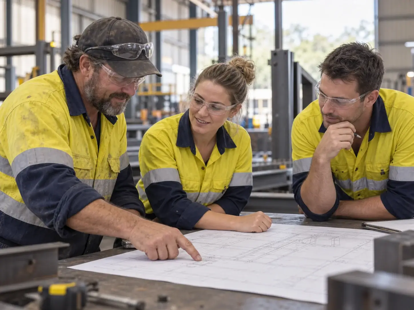 AI-generated illustration of an industrial team reviewing project drawings together