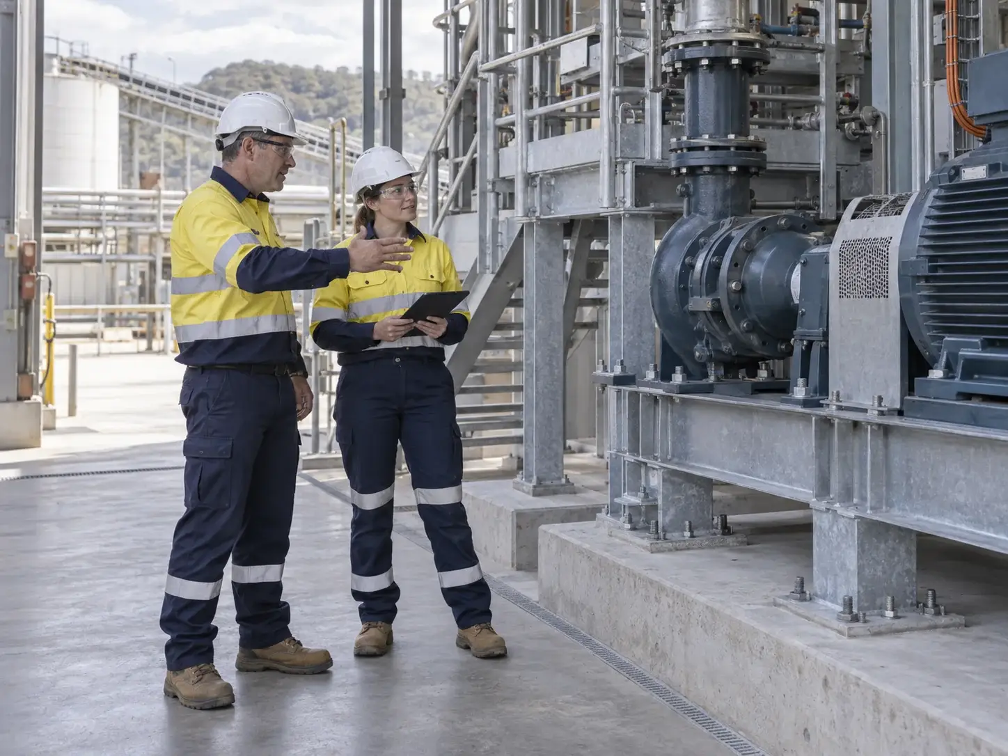 Representative AI-generated image of two industrial professionals discussing a machinery installation