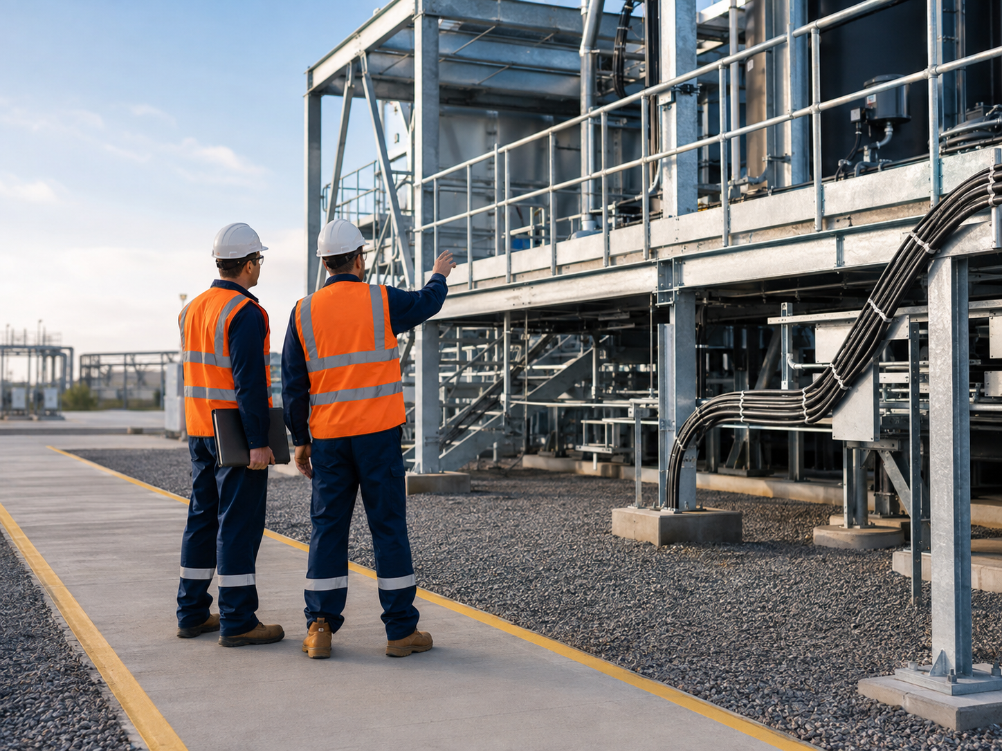 Representative engineers reviewing an industrial installation together