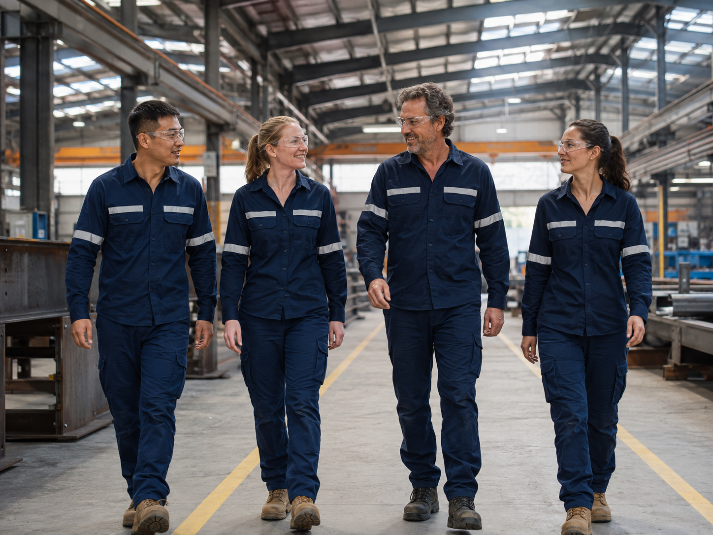 Representative engineering colleagues walking together through a workshop