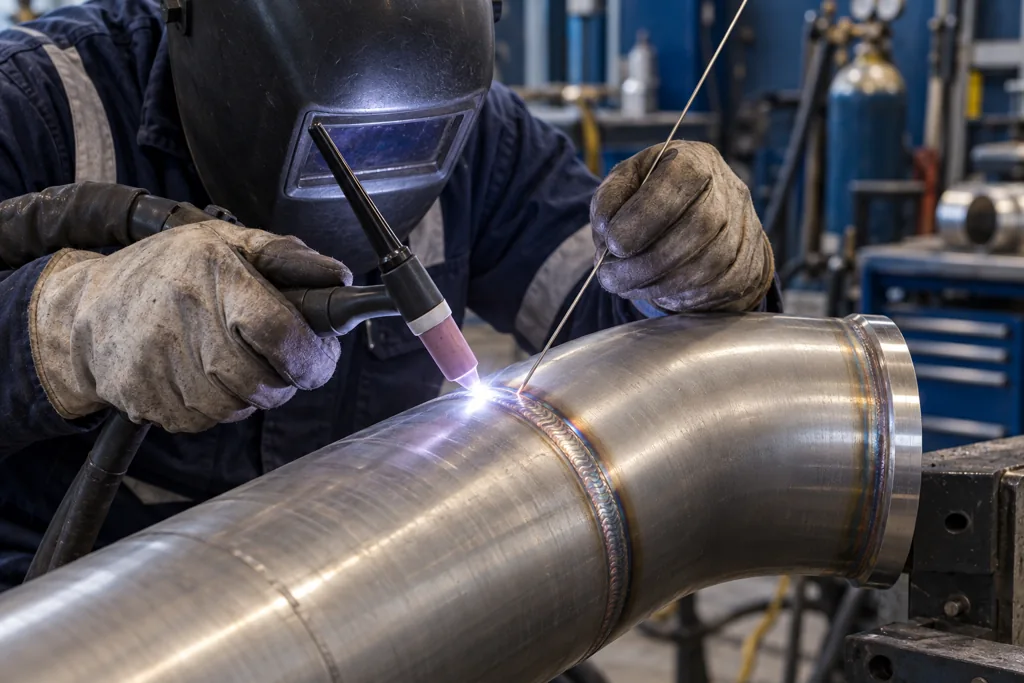 Welder TIG welding a stainless steel pipe joint — illustrative image