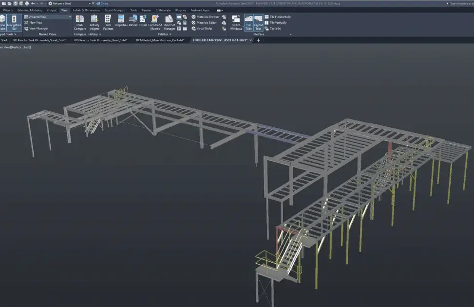 Three-dimensional model of interconnected steel platforms, support columns and stairways