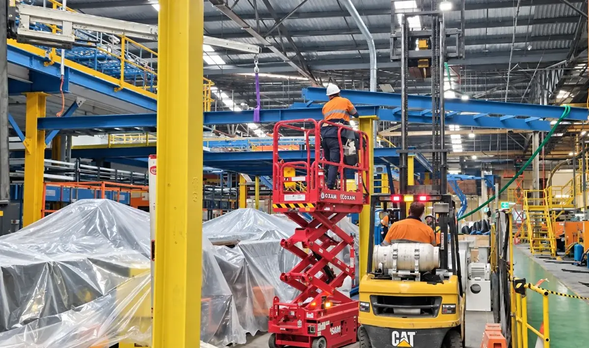 Workers using a scissor lift and forklift during steel platform installation inside an industrial facility