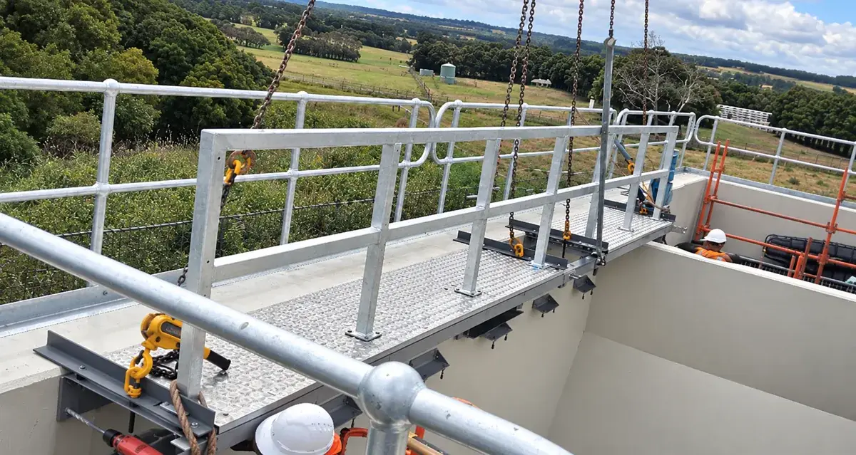 Elevated metal walkway with handrails and lifting chains during installation above an outdoor industrial structure