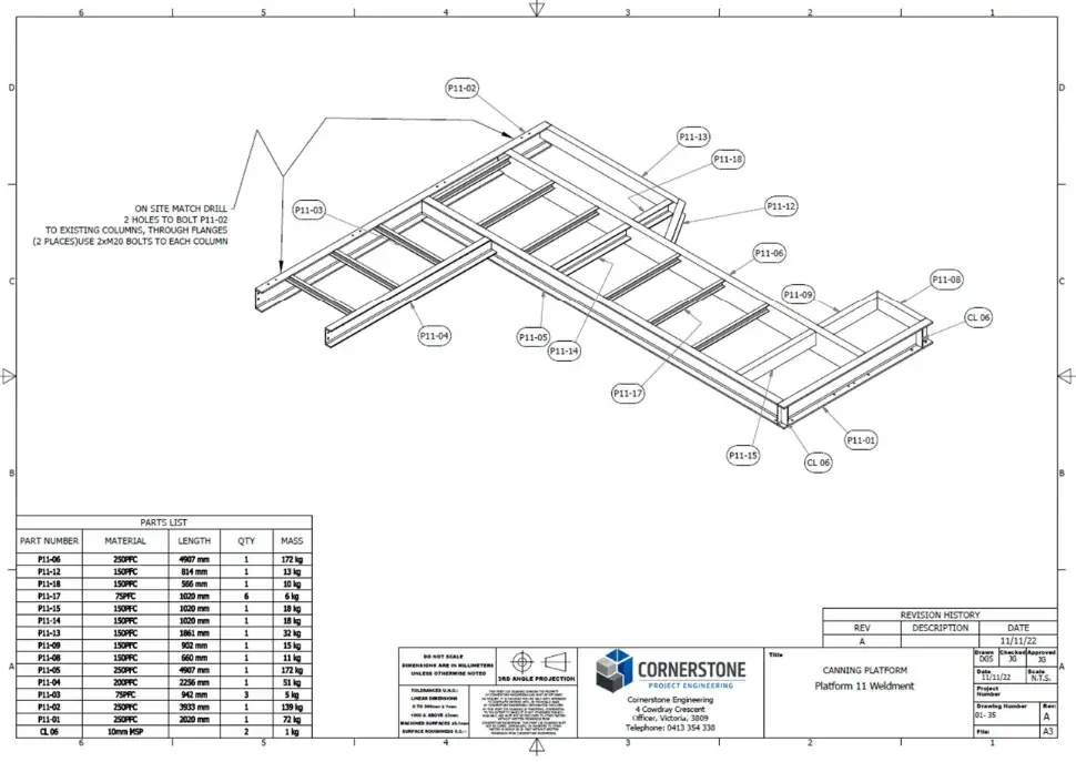 Isometric structural platform shop drawing showing steel members, component references and a parts schedule