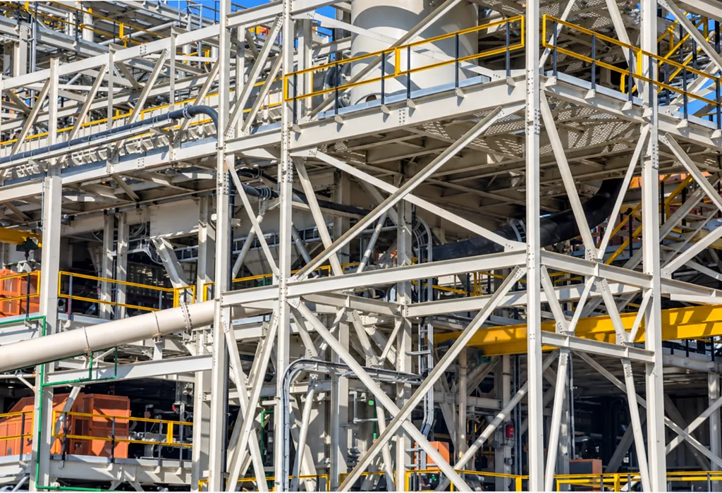 Industrial structural steel installation with platforms and pipework