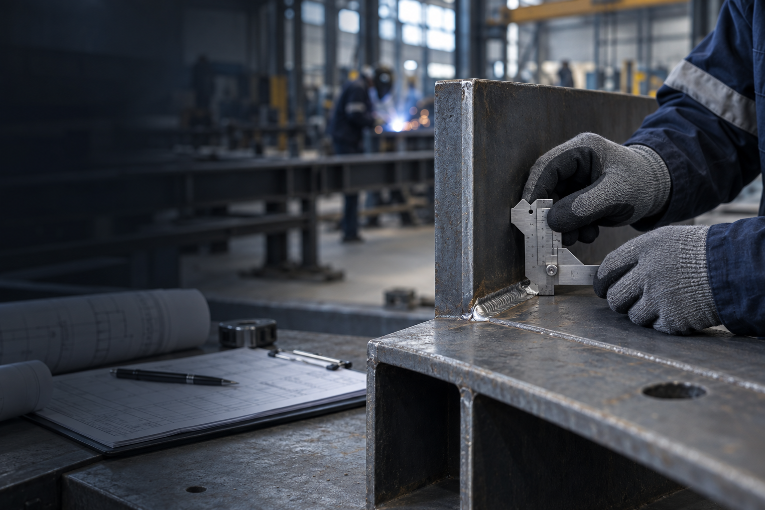 AI-generated illustration of a weld inspection in an industrial workshop
