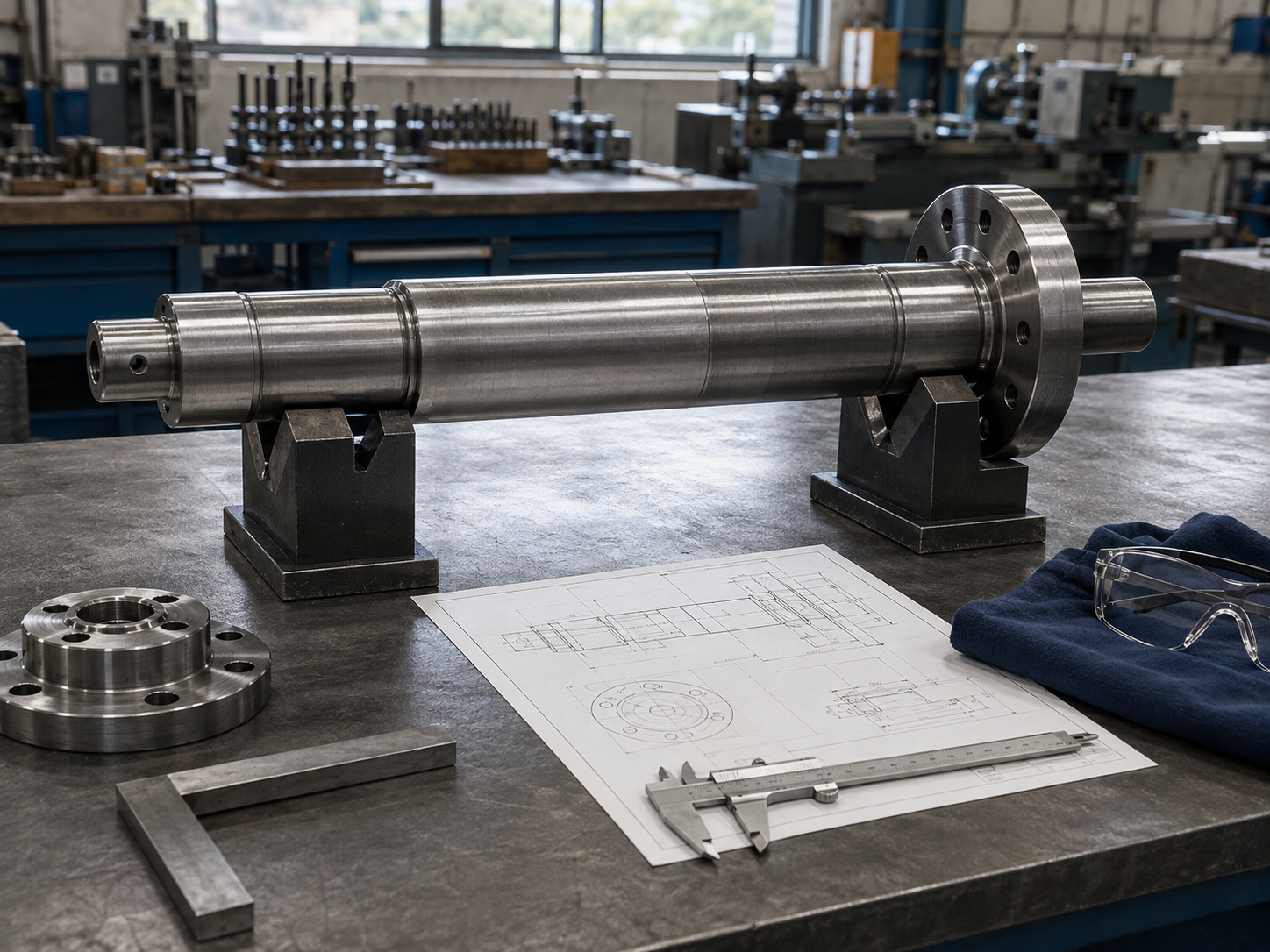 Representative AI-generated image of a machined shaft, inspection tools, engineering drawing and safety glasses on a workshop bench